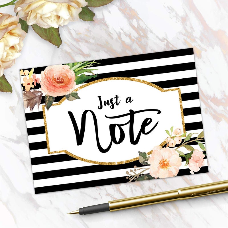 Canopy Street Black Stripe Floral And Faux Glitter Note Cards / 24 Just A Note Cards/All Occasion Greeting Cards / 3 1/2" x 4 7/8" Floral Cards - Image 4